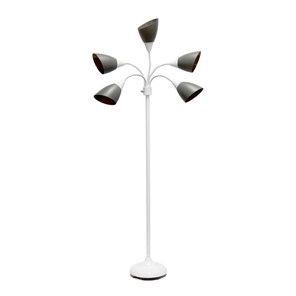 Simple Designs 67" Contemporary Multi 5-Head Adjustable Gooseneck Floor Lamp with Shades Gray : ETL Listed, Metal Body, Rotary Dimmer Switch