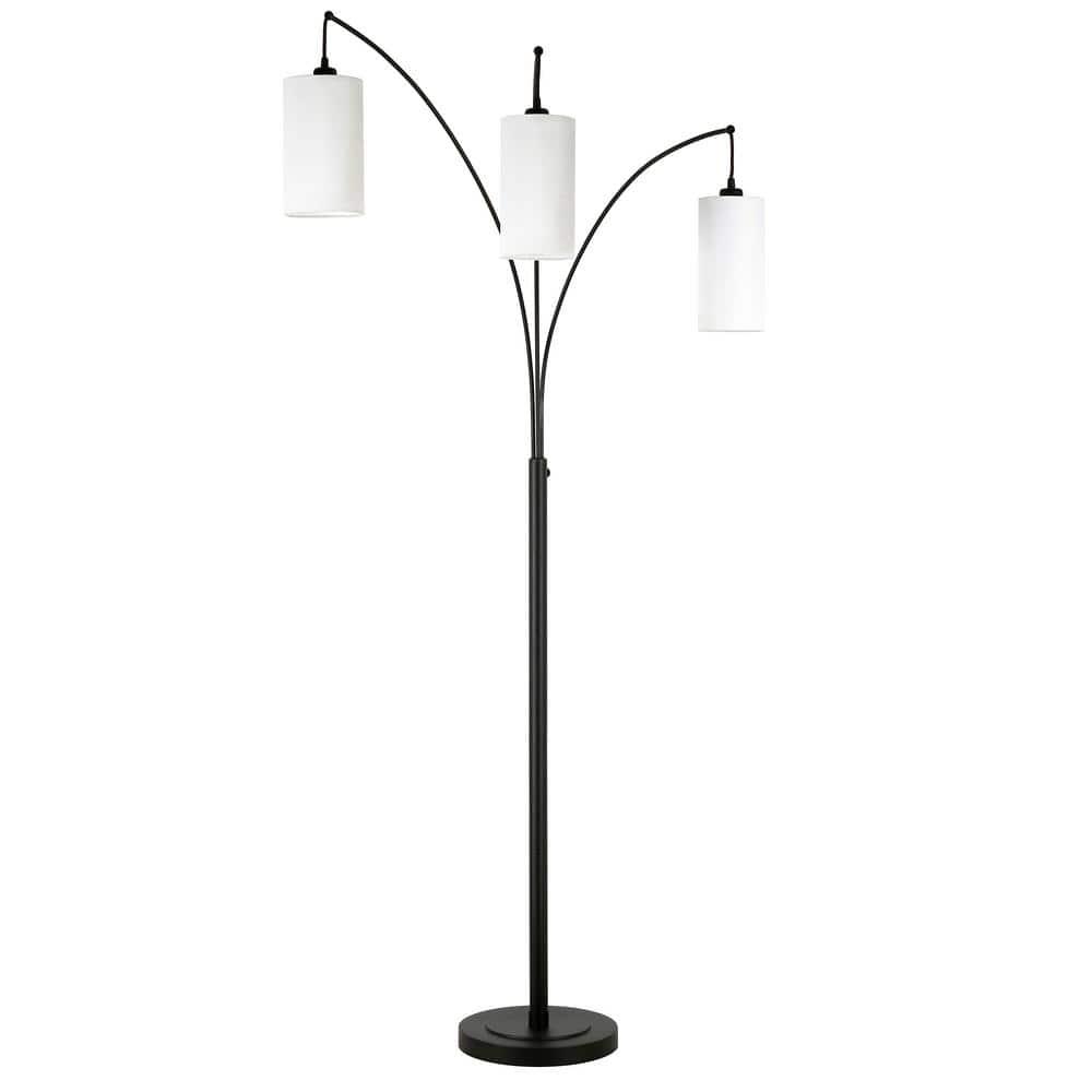 Hudson and Canal 3-Light Torchiere Floor Lamp with Fabric Shade Blackened Bronze/White: Metal Body, Push Button Foot Switch