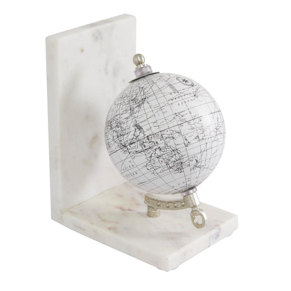Deco 79 Marble Globe Decorative Bookends Non Skid Bookends with Silver Metal Accents, Set of 2 Office Bookends5"W, 7"H, White