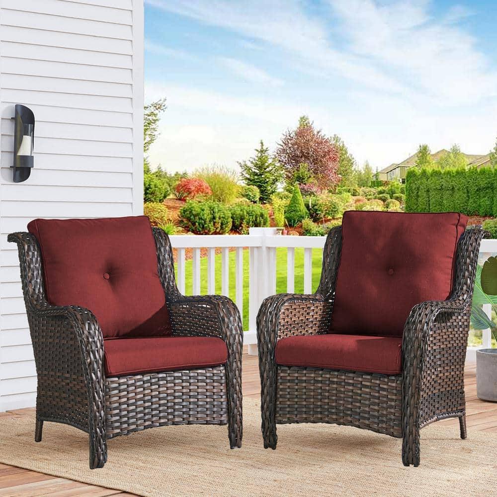 Rilyson Patio Furniture Chairs Outdoor Chair - 2 Piece Wicker Rattan Chairs Set with High Back and Deep Seating for Deck Porch Balcony Backyard Garden(Brown/Red)