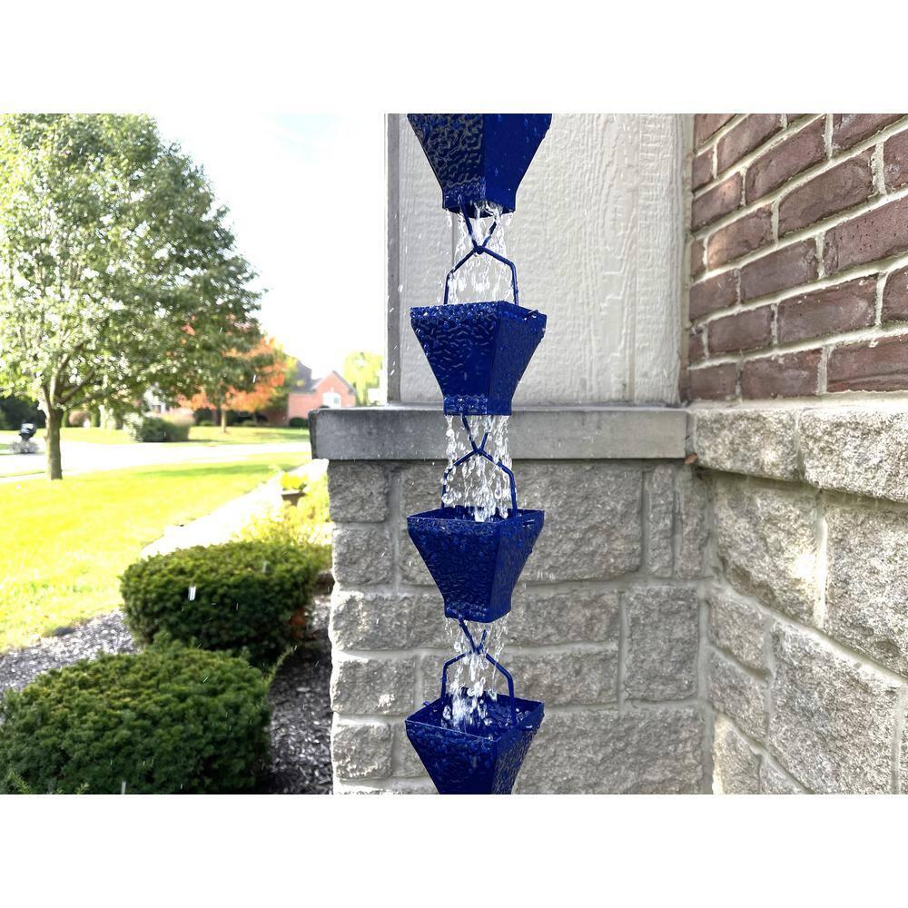 U-nitt Rain Chains, Roof Gutter Downspout Channel, Rainwater Catcher/Diverter, 8.5 FT, Metal, Blue Powder Coated, Texture Square, Modern, 5517BLU