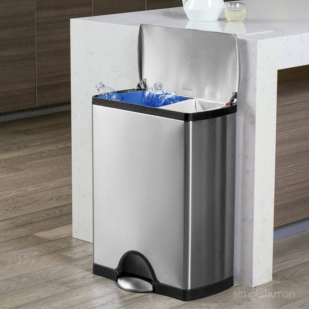 simplehuman Rectangular Dual Compartment Recycling Kitchen Step Trash Can, 46 Liter, Stainless Steel