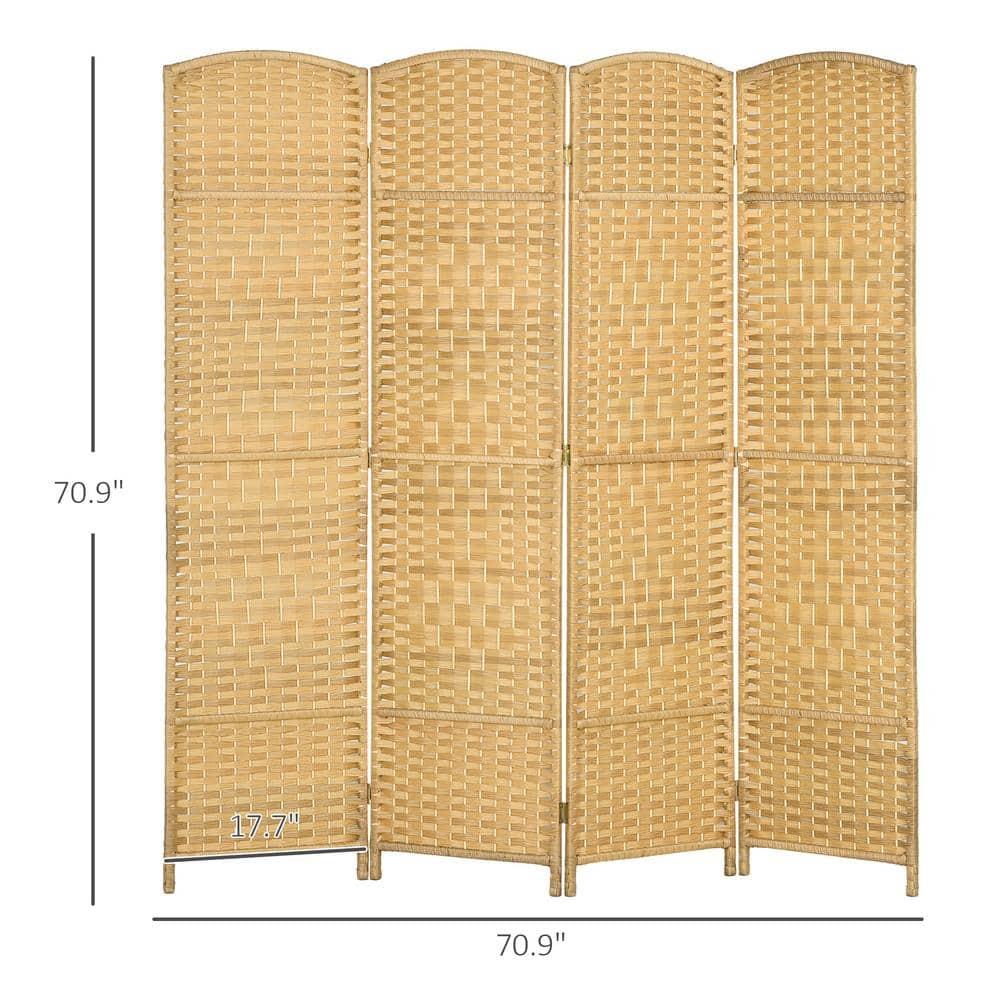 HOMCOM 4 Panel Room Divider, 6' Tall Folding Privacy Screen, Hand-Woven Freestanding Wood Partition for Home Office, Bedroom, Nature Wood