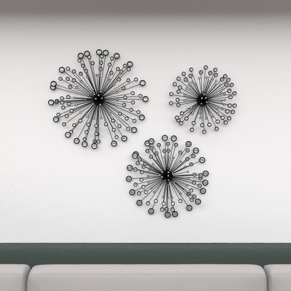 DecMode Black Metal Starburst Wall Decor with Crystal Embellishments (3 Count)