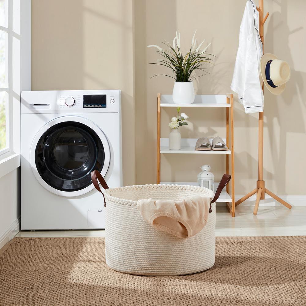 XLarge Round Cotton Rope Storage Basket Bin Organizer Laundry Hamper with Leather Handles, 21 x 21 x 14, Extra Large Blanket Woven Toy Basket for Baby Nursery - Cream