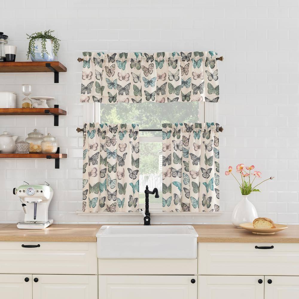 2pc 56"x24" No. 918 Sheer Magdalena Butterfly Print Rod Pocket Kitchen Curtain Tier Pair: Polyester, Machine Washable
