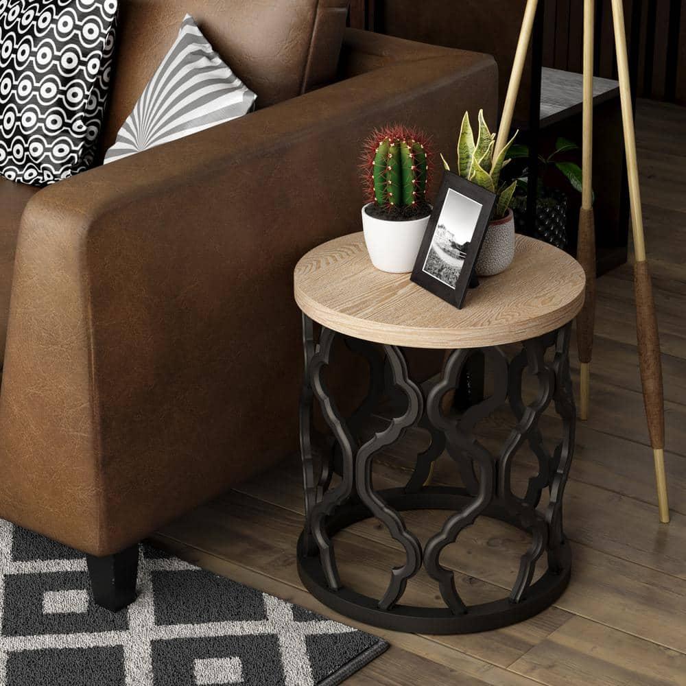 Farmhouse End Table, Distressed Wood Top Side Table with Curved Motif Frame Base for Modern, Rustic, Round, Black