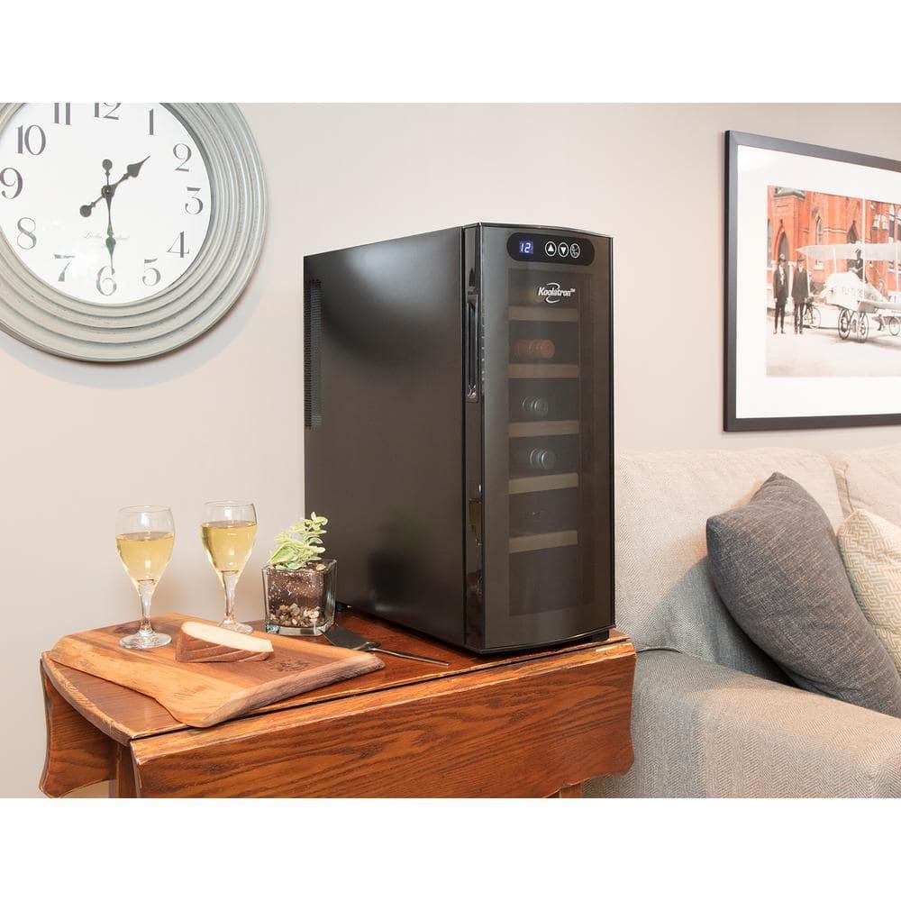 Koolatron Wine Cooler Refrigerator 12 Bottle Deluxe Countertop Compact Wine Cellar, Small Freestanding: Black Glass Door, Thermoelectric, 6 Shelves