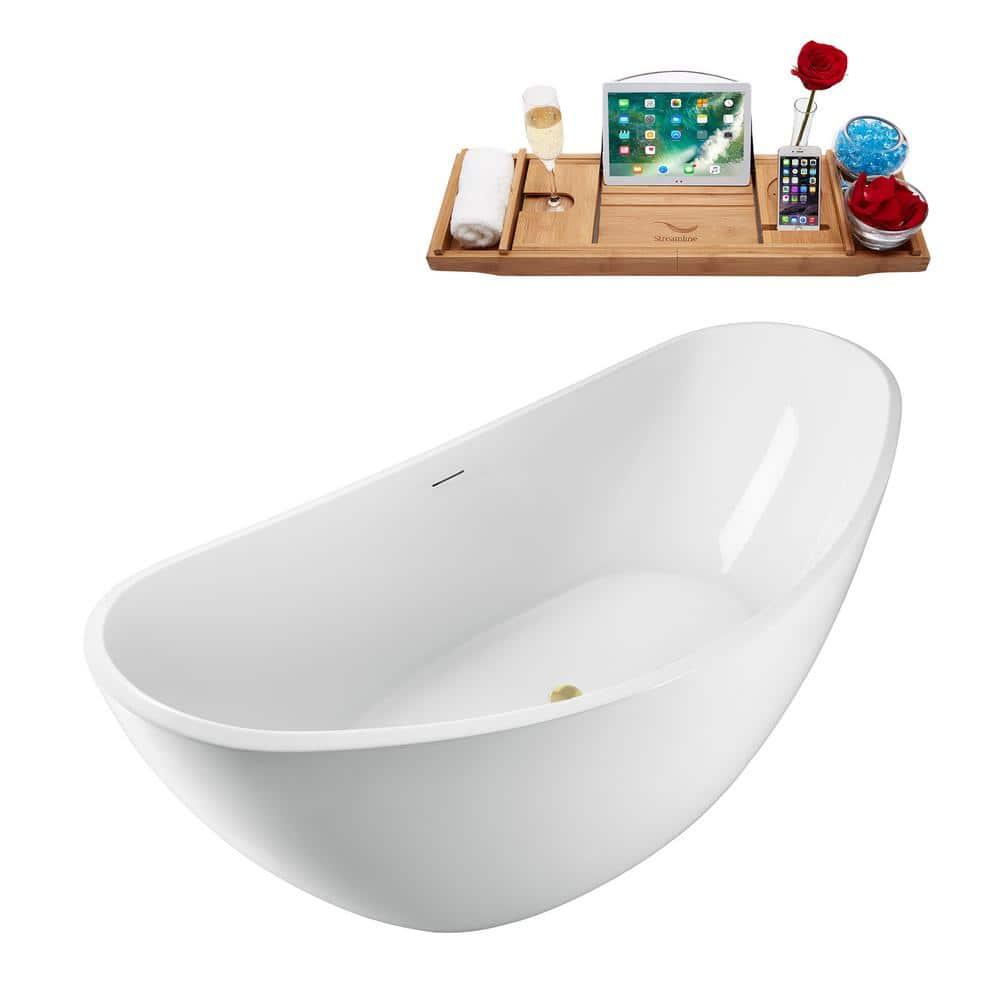63'' Streamline Freestanding Soaking Acrylic Bathtub With Drain and Bamboo Tray