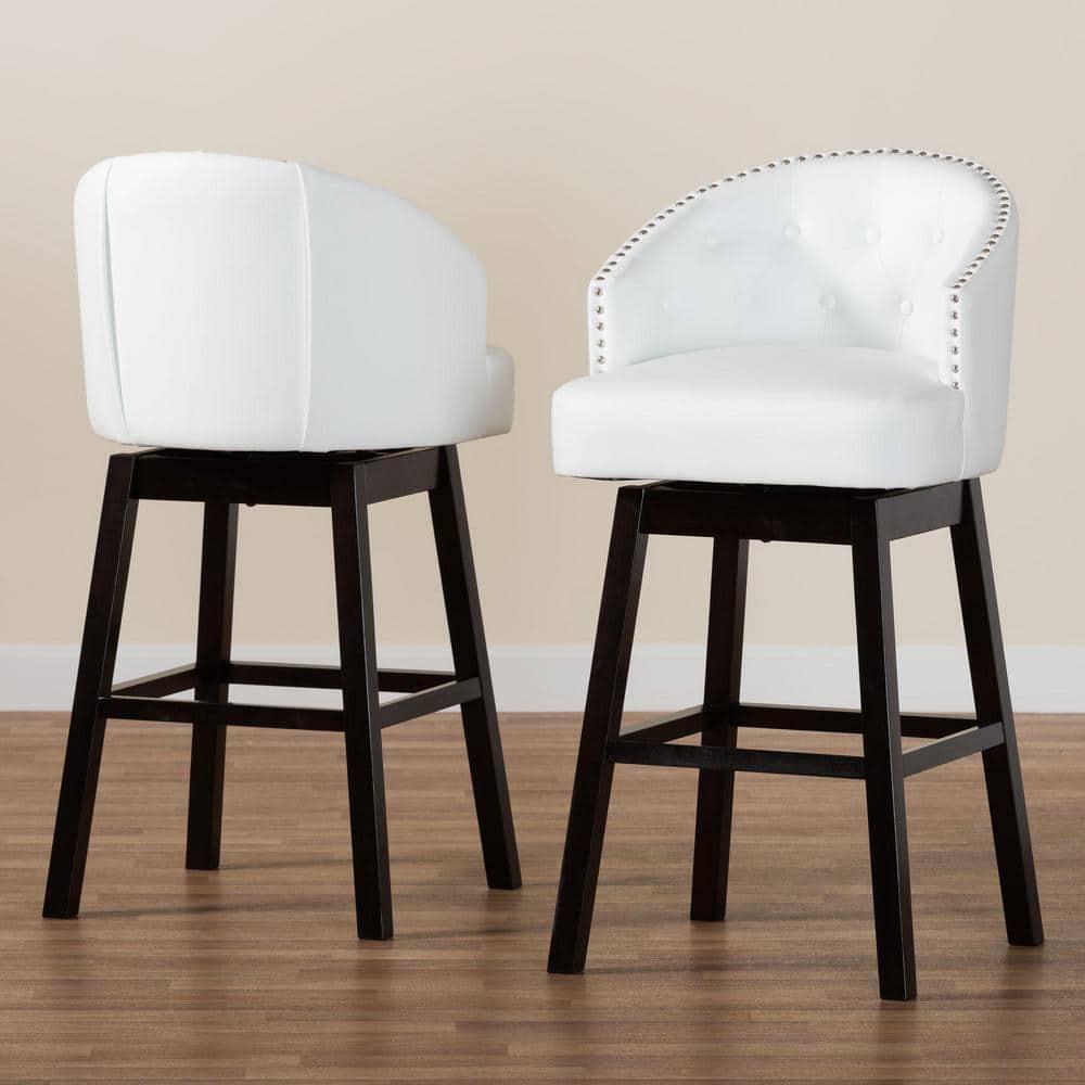 Set of 2 Avril Faux Leather Tufted Swivel Barstool with Nailhead Trim - White - Baxton Studio: Espresso Brown Legs, Rubberwood Frame