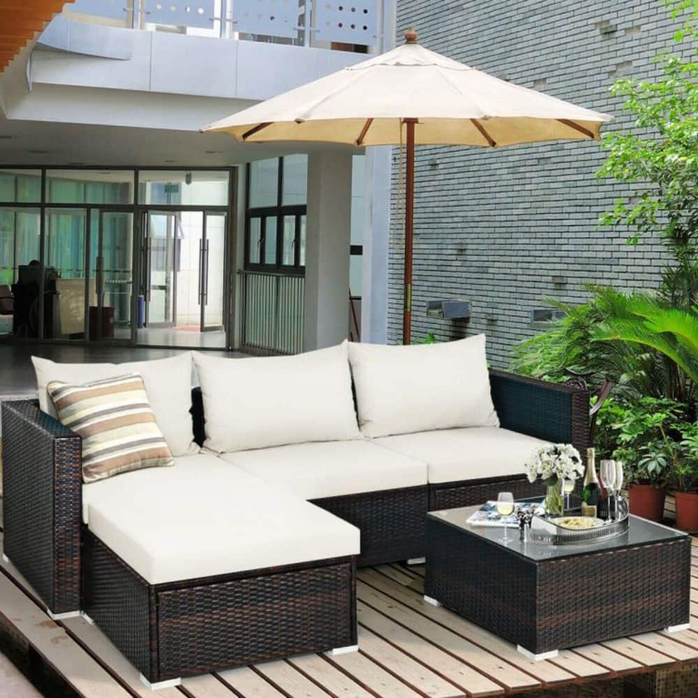 Topcobe 5 Pieces Patio Rattan Sectional Furniture Set with Cushions and Coffee Table, Outdoor Furniture, Off White