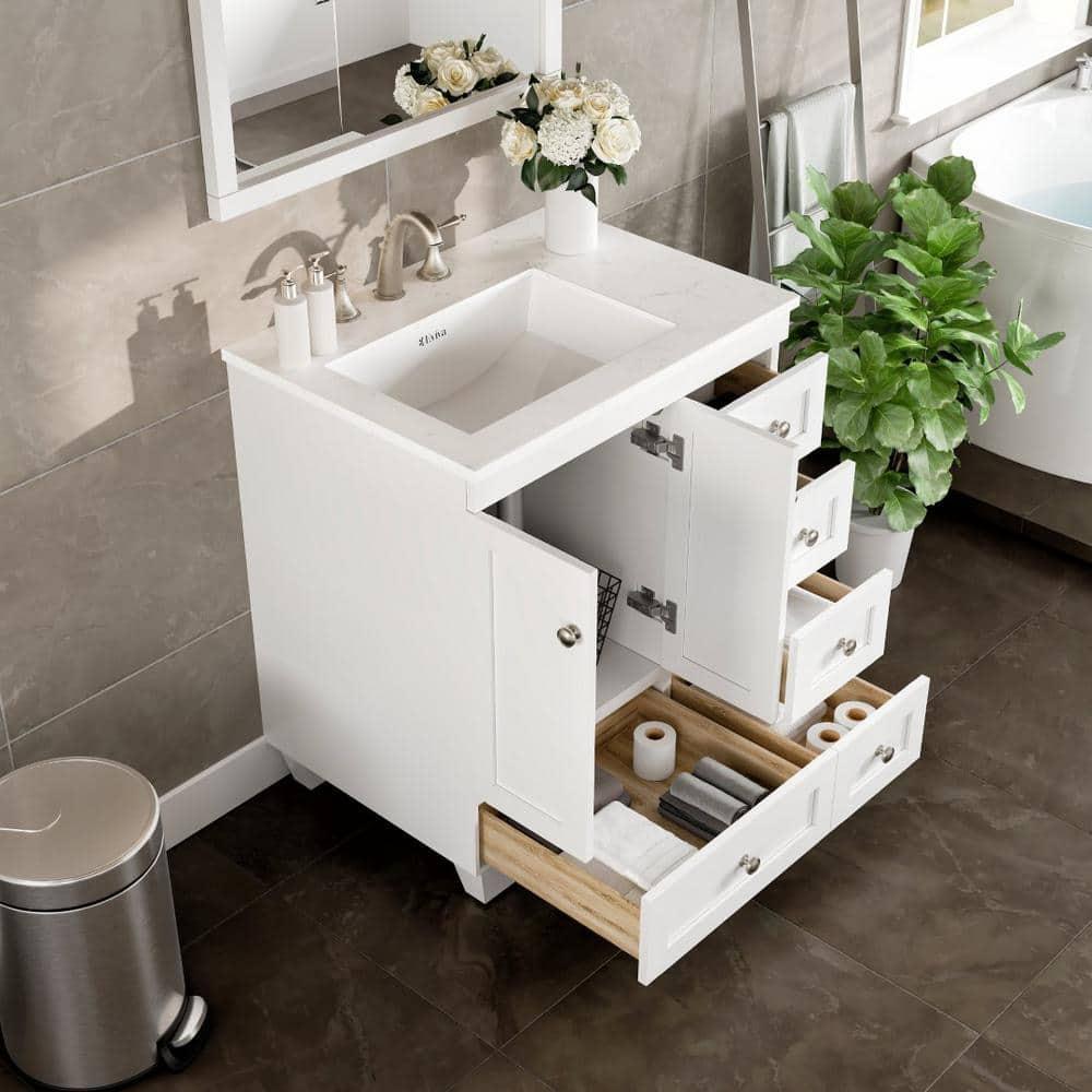 Eviva Happy 28"W x 18"D White Bathroom Vanity with White Carrara Quartz Vanity Top and Rectangular Undermount Sink