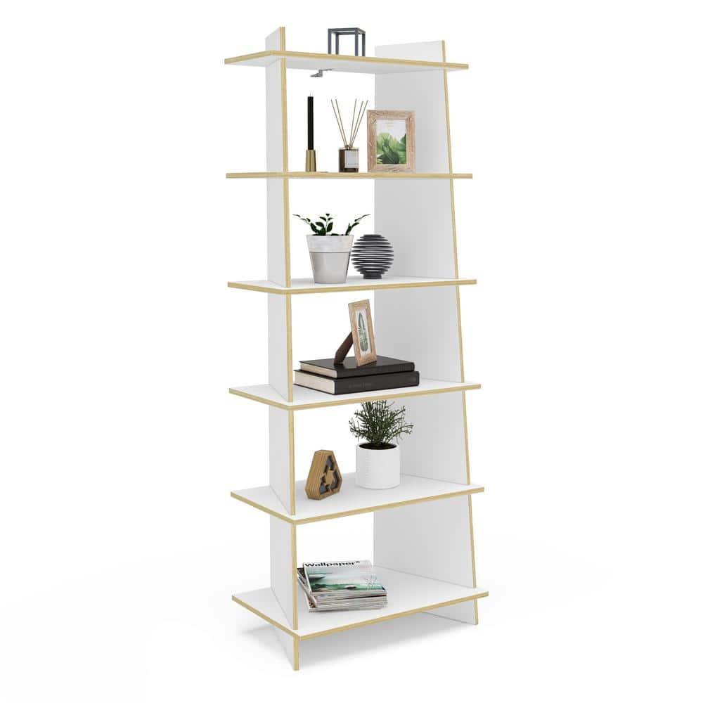 Polifurniture 69.65" Ecofriendly Jade 5 Shelf Bookcase White/Light Brown: MDF Ladder Bookshelves, 52.82 lbs