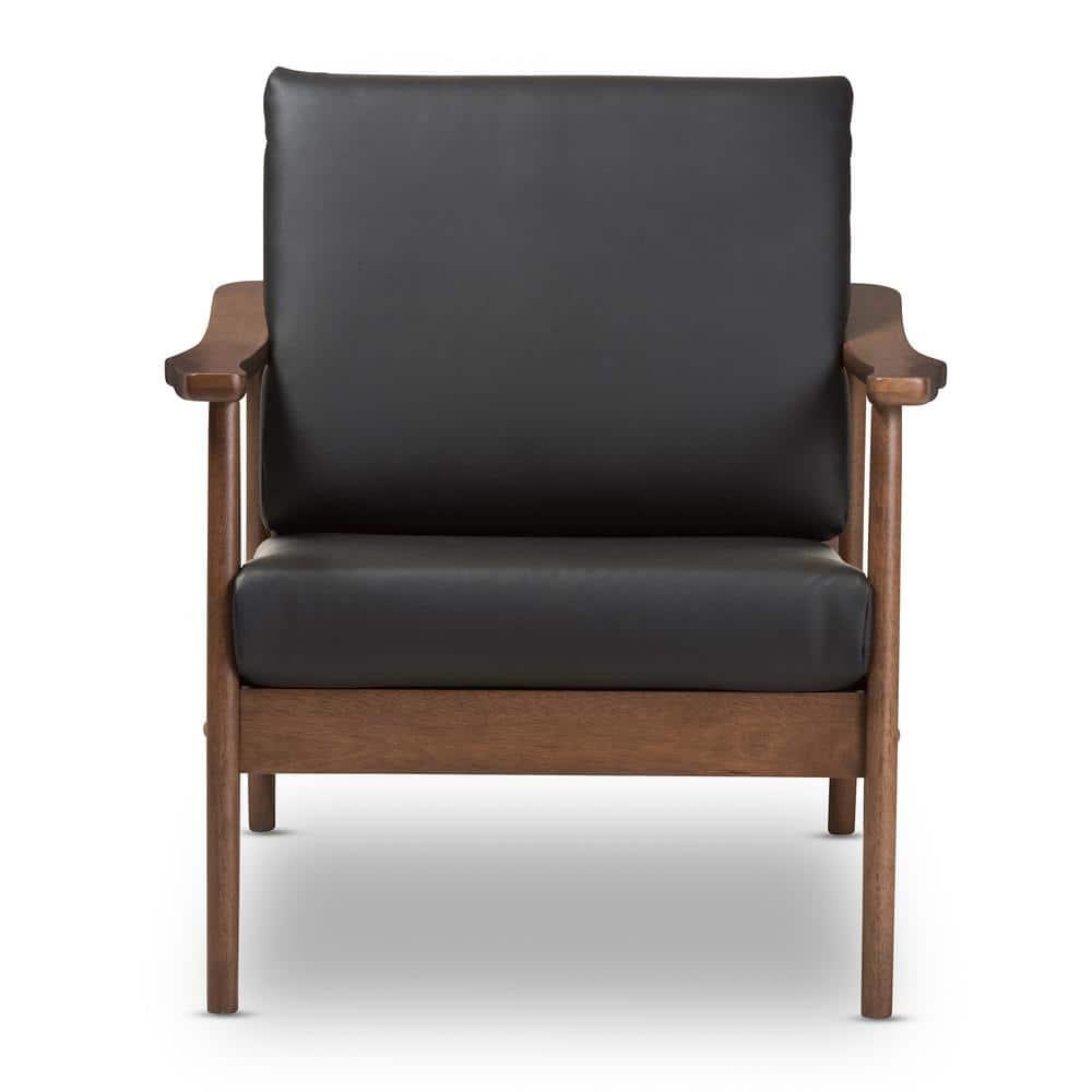 Venza Mid Century Modern Walnut Wood Faux Leather Lounge Chair Black - Baxton Studio: Indoor Armchair, Rubberwood Frame