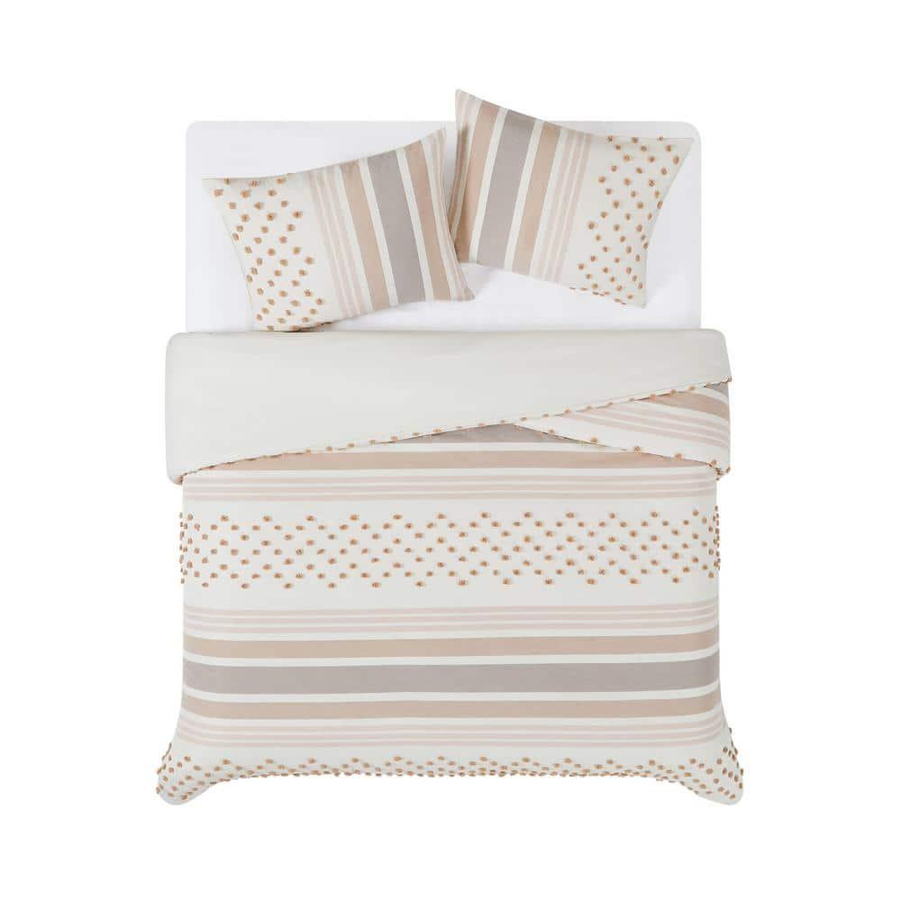 3pc King Mia Tufted Texture Neutral Duvet Cover Set Tan - Brooklyn Loom: 300 Thread Count, Polyester, Button Closure