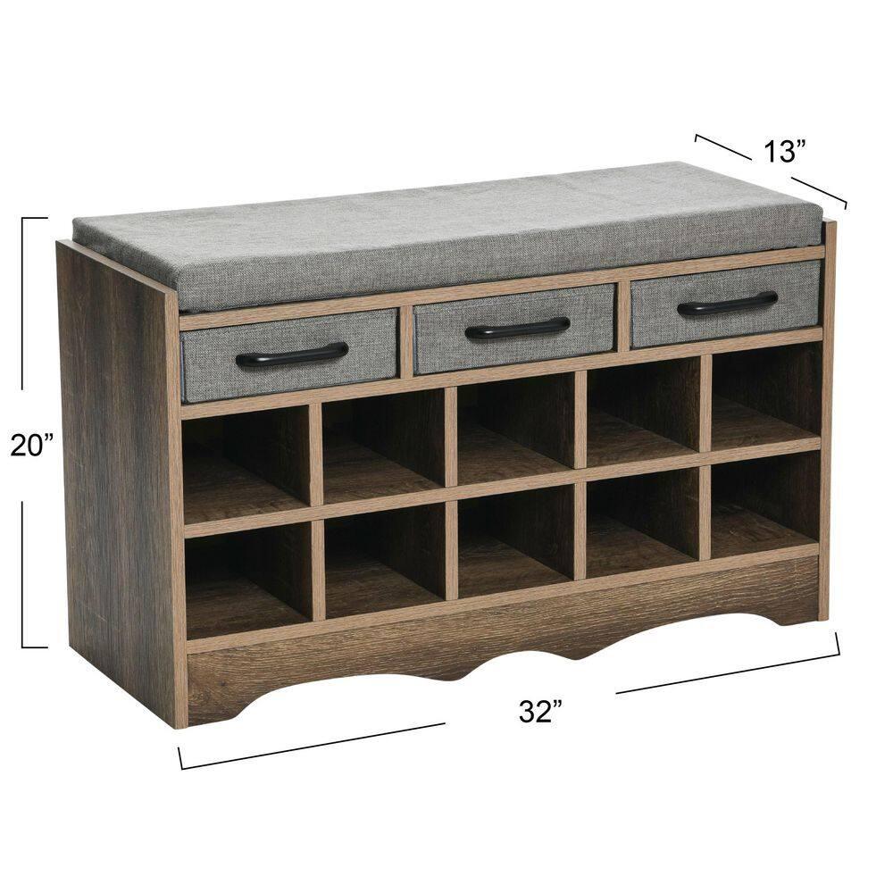 Household Essentials Entryway Storage Bench with 3 Grey Drawers 10 Shoe Compartments and Cushioned Seat in Ashwood Rustic Wood Grain