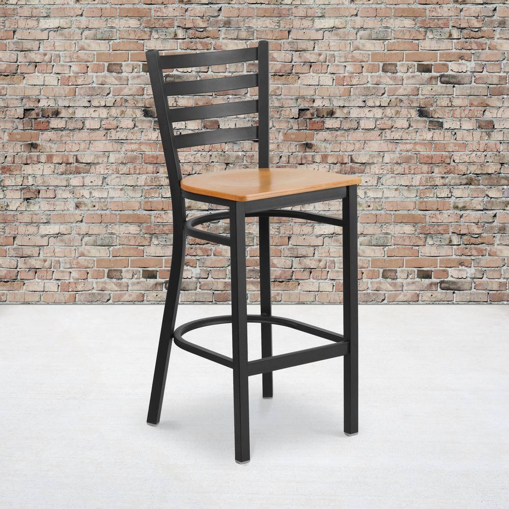 Flash Furniture HERCULES Series Black Ladder Back Metal Restaurant Barstool - Natural Wood Seat