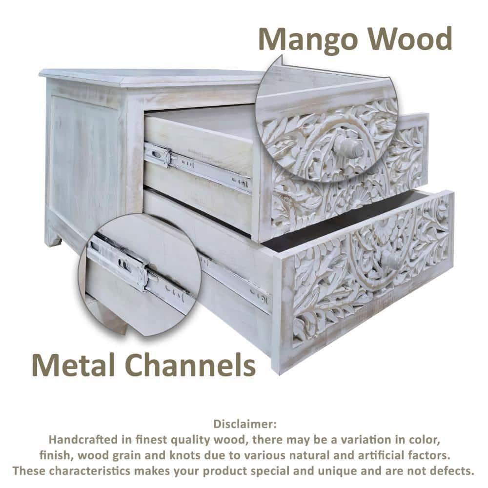 The Urban Port 24" Handcrafted Mango Wood Nightstand Side Table 2 Drawers Floral Carved Cut Out Design Antique White