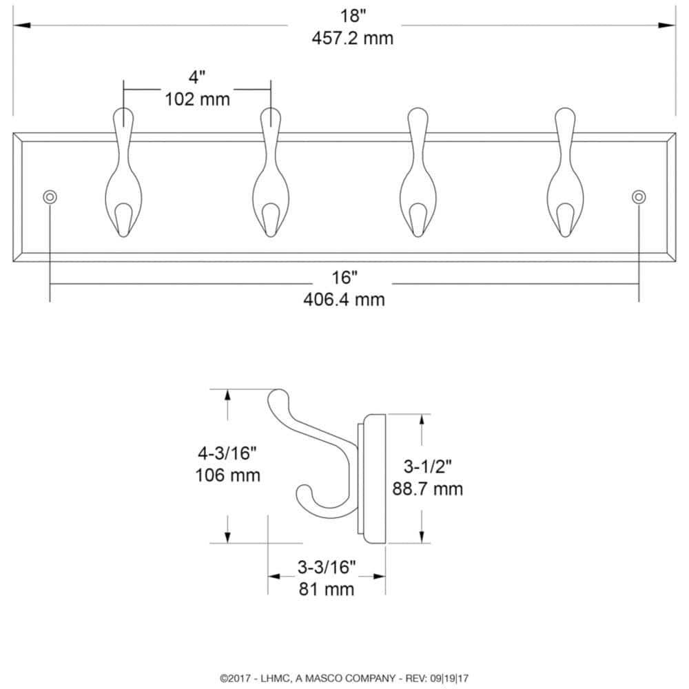 129847 4 Hook Coat/Hat Rail White with White Hooks 3" x 18"