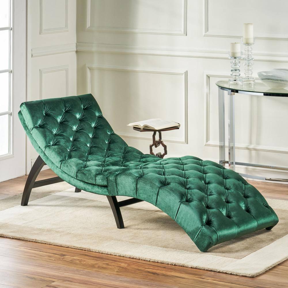 Garret Tufted Emerald New Velvet Curved Chaise Lounge