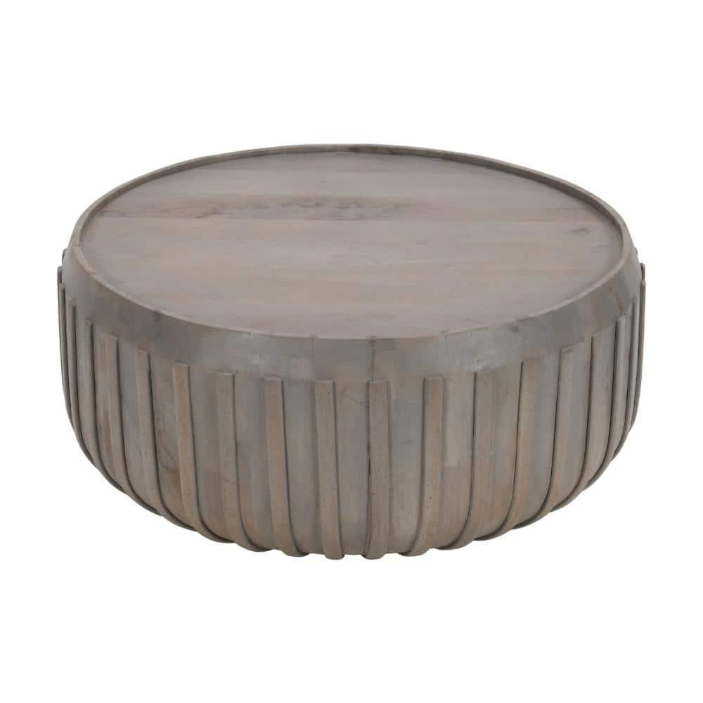 The Urban Port 36" Coffee Table Handcrafted Drum Shape with Ribbed Edges Gray Mango Wood Gray