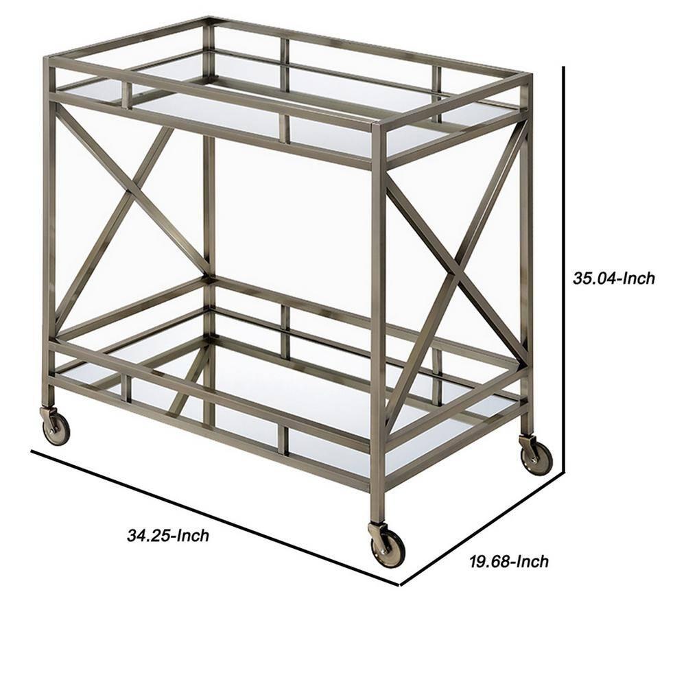 Benzara Metal Framed Two Tier Serving Cart with X Shaped Side Panels, Mirrored, Antique Gold