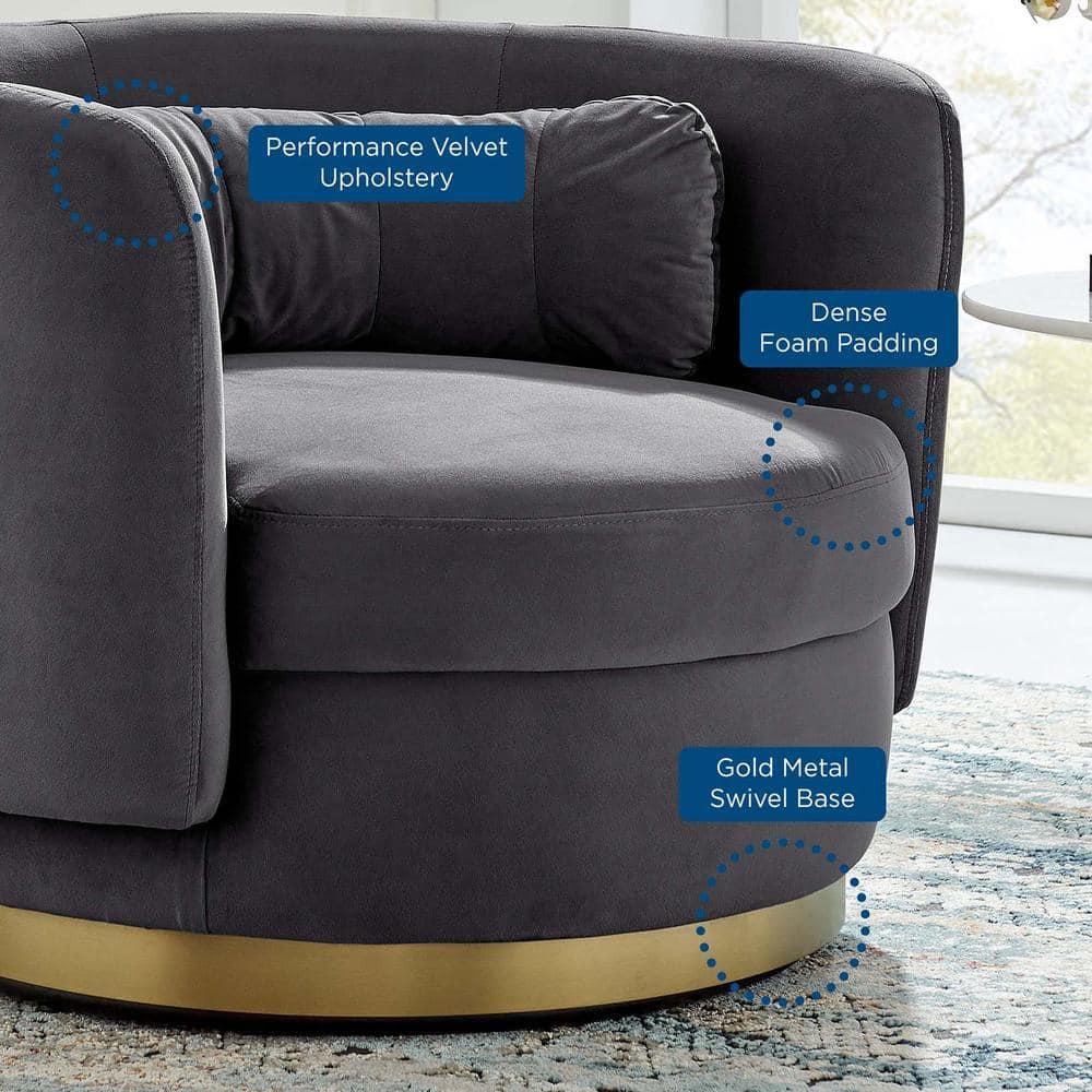 Glam Deco Gold Metal & Gray Velvet Swivel Accent Chair