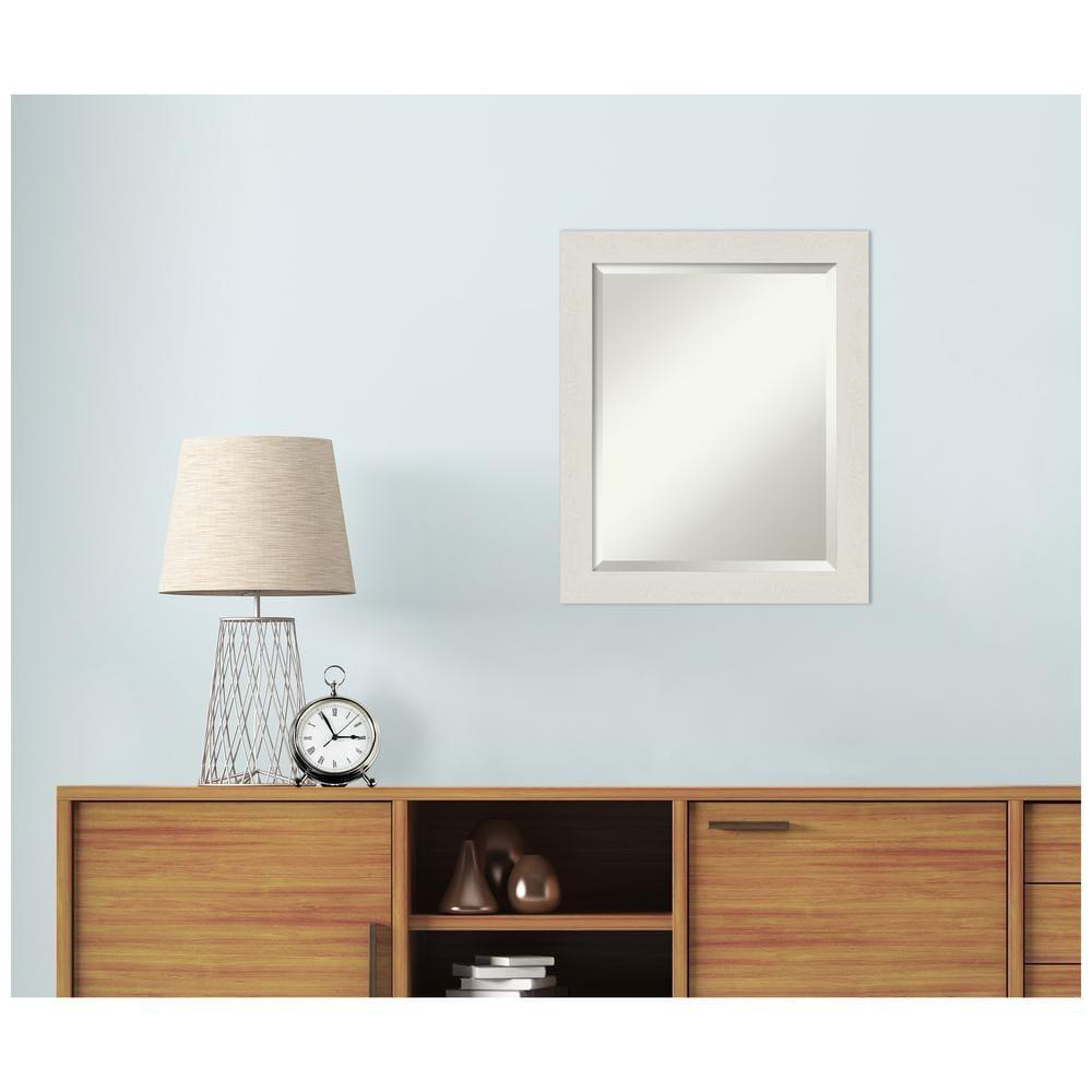 Amanti Art Beveled Bathroom Wall Mirror - Rustic Plank White Narrow Frame Outer Size: 19 x 23 in