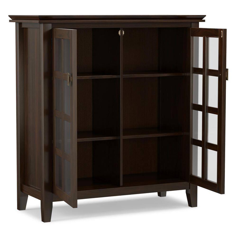Simpli Home Artisan 38"W Solid Wood 4-Shelf Medium Storage Cabinet with Glass Doors and Adjustable Shelves