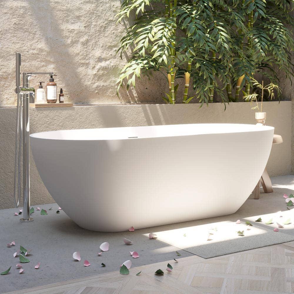 69'' x 29.5'' Freestanding Soaking Solid Surface Bathtub in White Finish with Drain