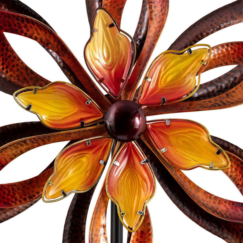 96" Glass/Iron Outdoor Flower Dual Kinetic Spinner Stake Red/Yellow - Alpine Corporation: Yard Art Decor