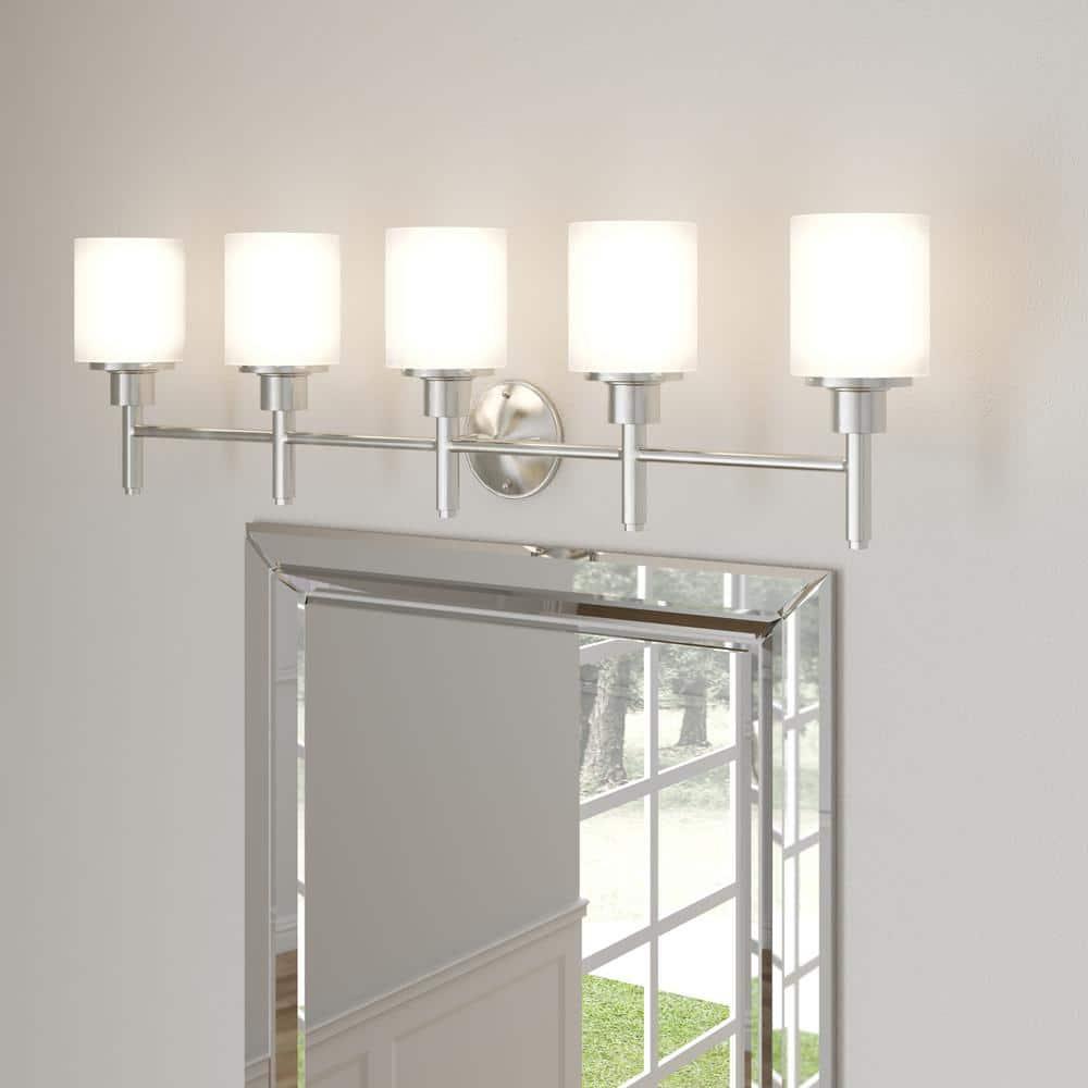 Design House 556225 Aubrey Transitional 5-Light Indoor Bathroom Vanity Light Dimmable Frosted Glass for Over the Mirror, Satin Nickel