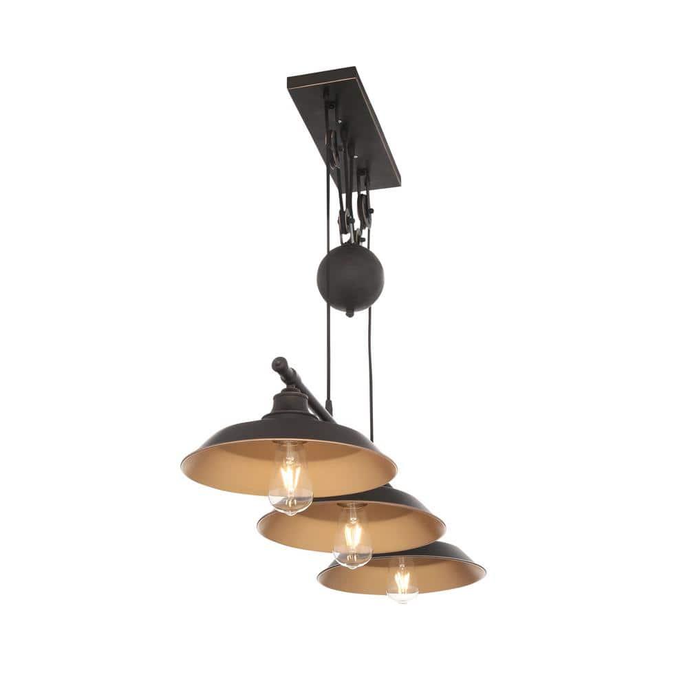 Westinghouse 6332500 Iron Hill Three-Light Indoor Island Pulley Pendant, Finish with Highlights and Metallic Interior, 3, Oil Rubbed Bronze/Bronze