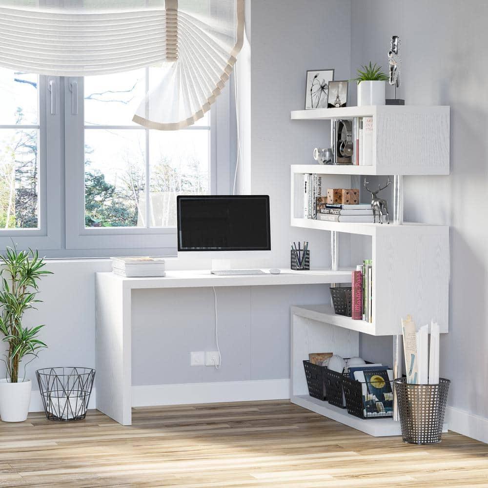 HomCom Modern L-Shaped 360° Rotating Computer Desk Corner Home Office Study Workstation with 5-Tier Storage Shelves, Bookshelf, White