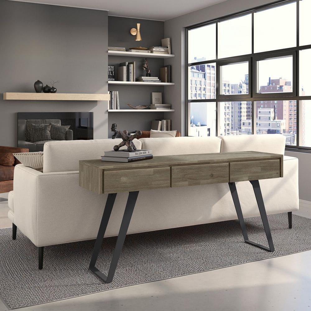 Lowry 60"W Solid Wood Modern Industrial Storage Console Table with 3 Storage Drawers and Metal Legs