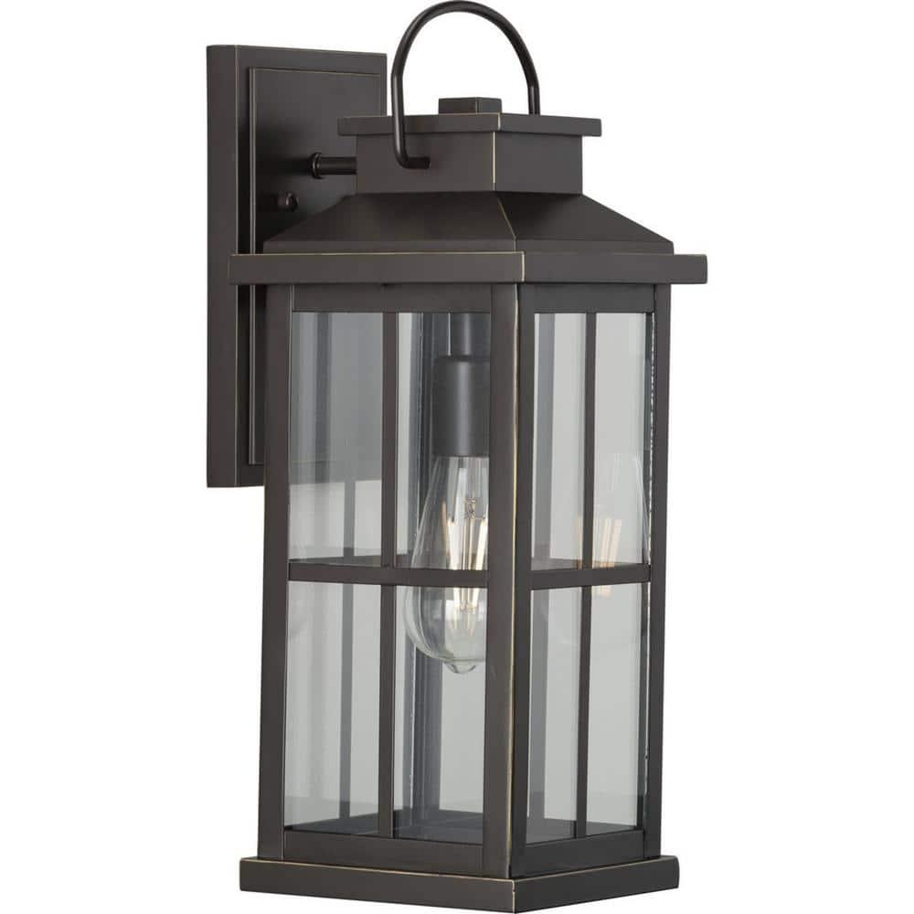 Progress Lighting Williamston 1-Light Antique Bronze Farmhouse Outdoor Large Wall Lantern with Clear Glass Shade