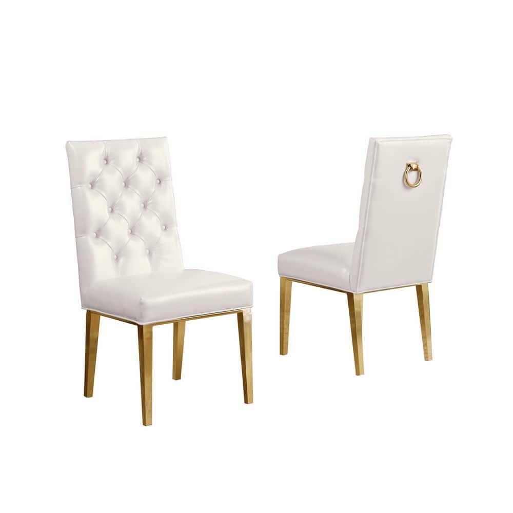 White Faux Leather Tufted Side Chairs with Gold Chrome Legs (Set of 2)