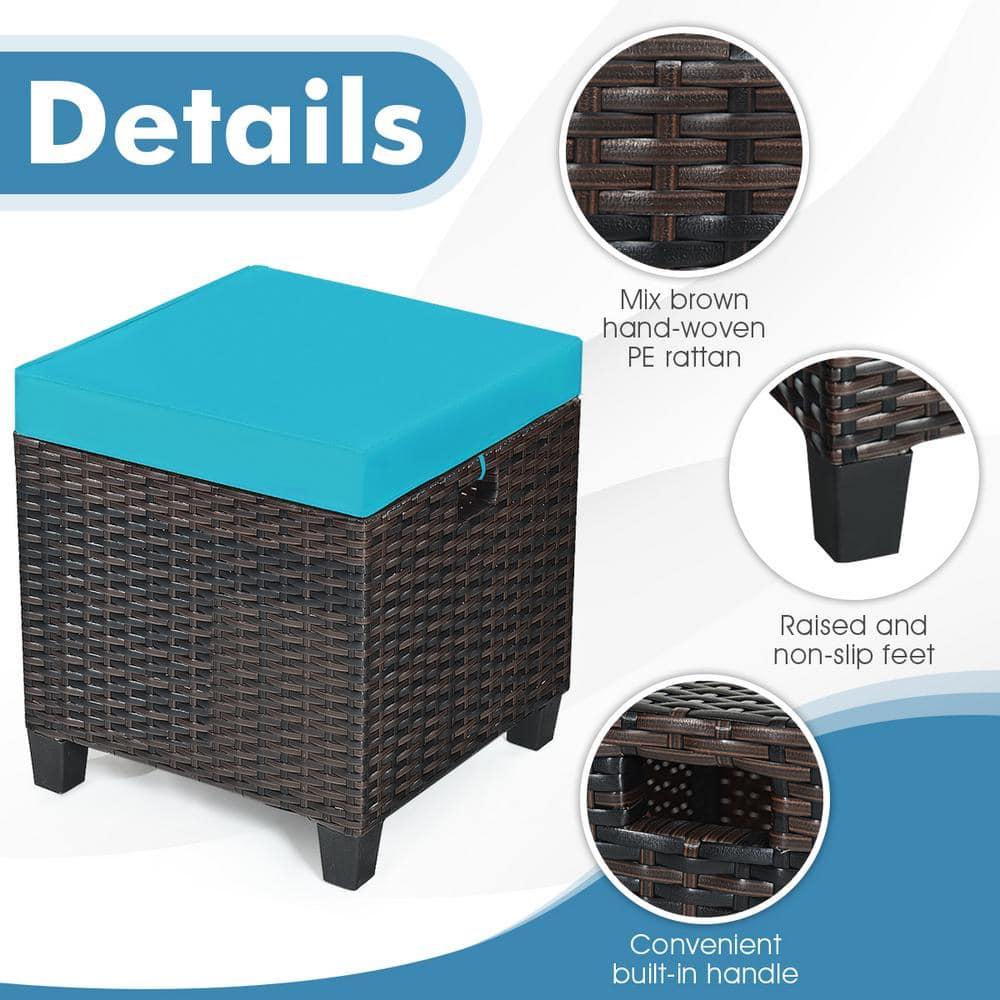 Costway 2PCS Patio Rattan Ottoman Cushioned Seat w/ Foot Rest Turquoise