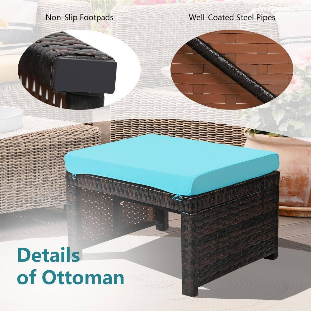 Tangkula 2 PCS Outdoor Wicker Ottoman Patio Rattan Furniture Metal Footrest Seat Square Footstool with Cushion Turquoise