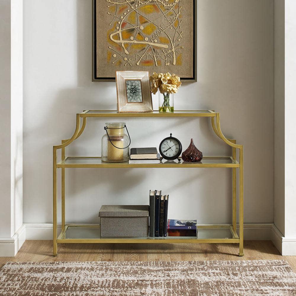 Aimee Console Table - Crosley: Elegant Steel Frame, Clear Glass Top, Fixed Shelf, Entryway Furniture