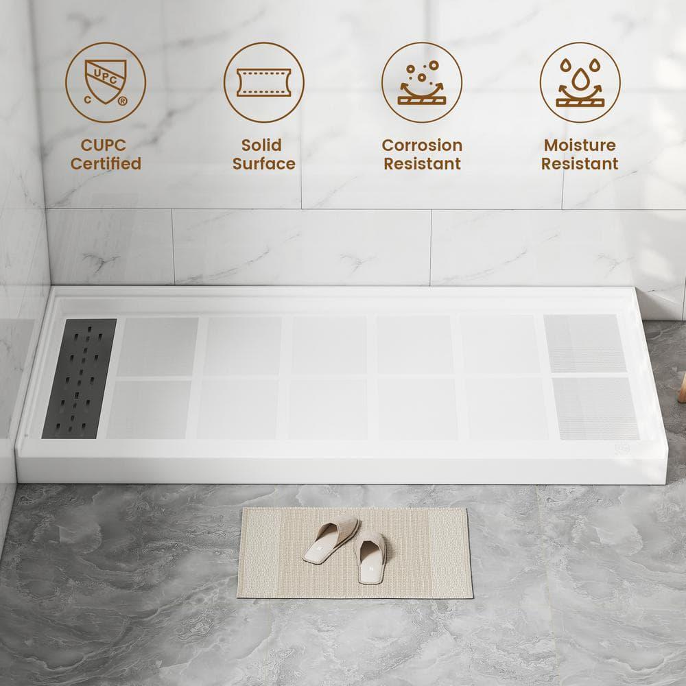 CASAINC 60"W 30/32"D Single Threshold SMC Shower Base Anti-Slip Shower Pan with Drain Assembly & Drain Cover CABR2501WH6030L