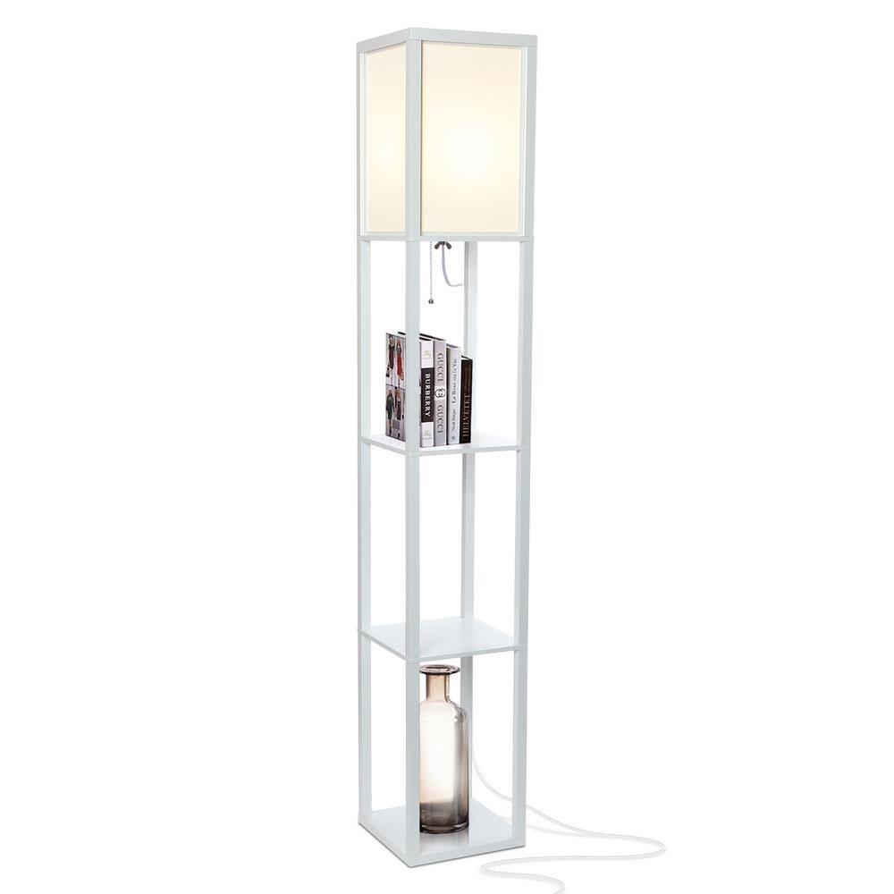 Brightech Maxwell - Modern LED Shelf Floor Lamp - Skinny End Table & Nightstand for Bedroom - Combo Narrow Side Table with Standing Accent Light Attached - Asian Tower Book Shelves - White