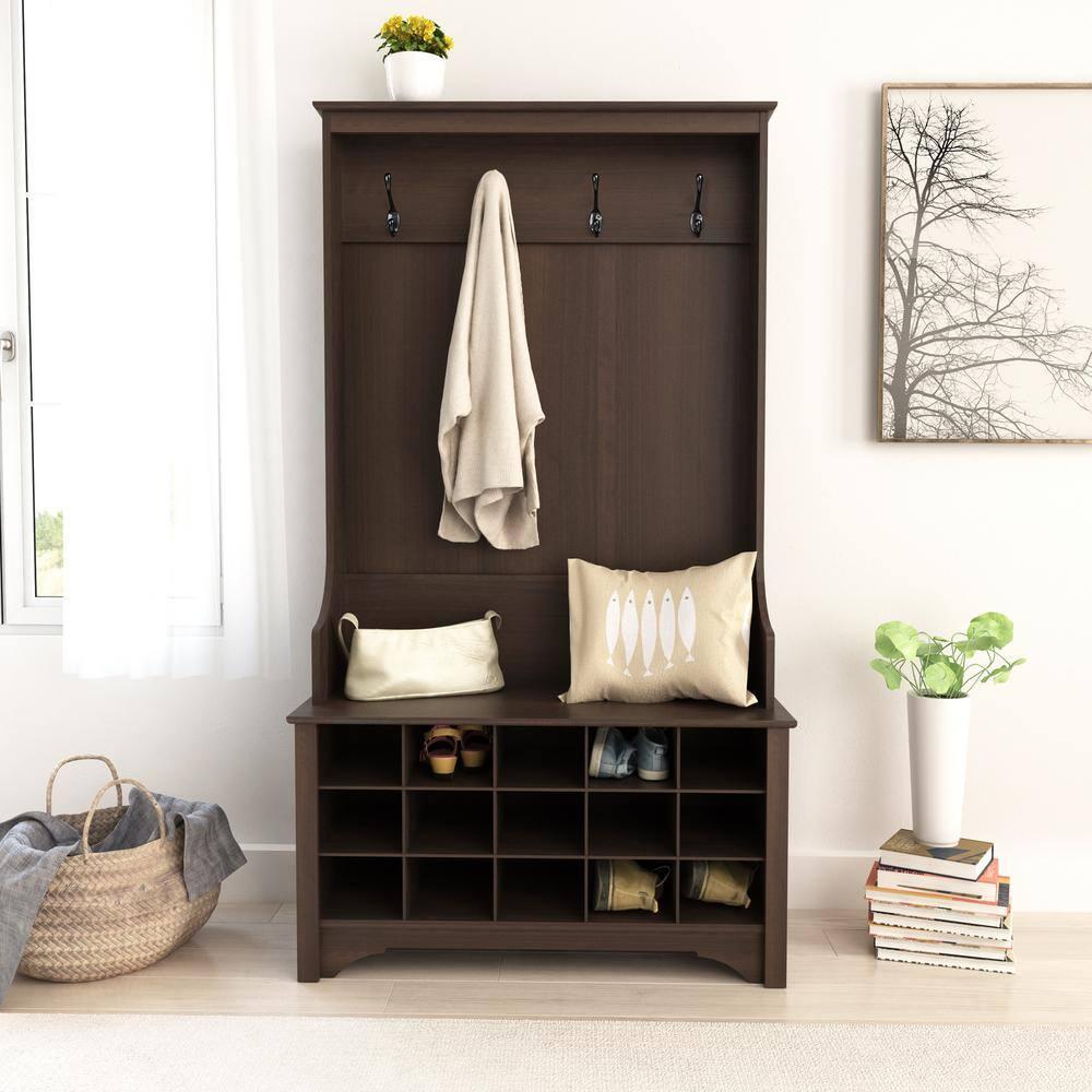 Prepac Hall Tree with Shoe Storage Espresso Brown: Entryway Organizer, 4 Metal Hooks, Wood Composite