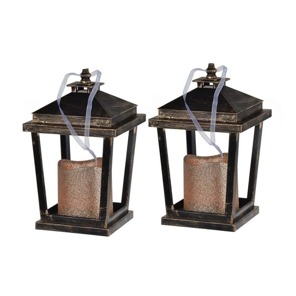 Gzxs Outdoor Lanterns with LED Pillar Candle, 8.9 Inch, 2 Pack, Hanging Decorative Candle Lamp Holder for Porch, Floor or Patio Home Decor (Antique Bronze)
