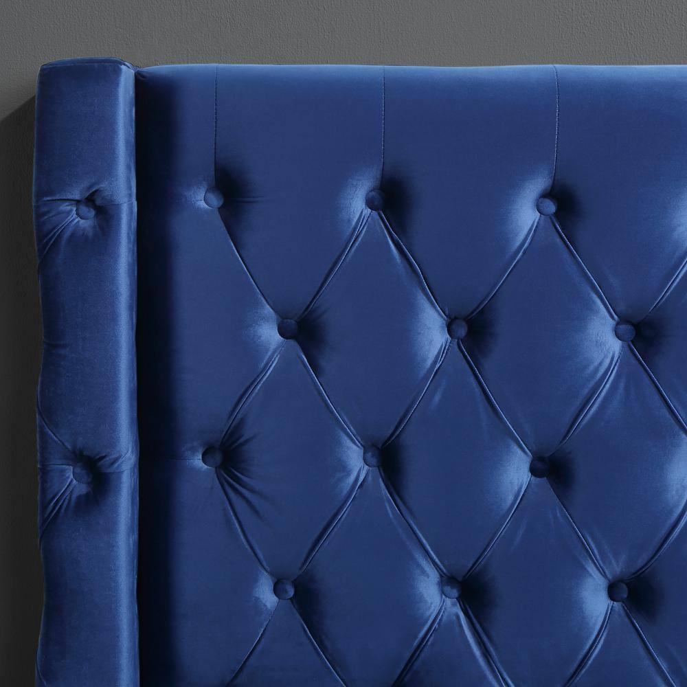 Oakdale Blue Wood Frame California King Platform Bed with Tufted Velvet Upholstery