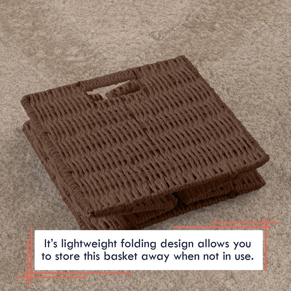 Ornavo Home Wicker Storage Cubes Bin, 10.5 Inch Storage Shelf Basket Collapsible Natural Hand Woven Paper Storage Cube Bin with Handles - Set of 2, Brown