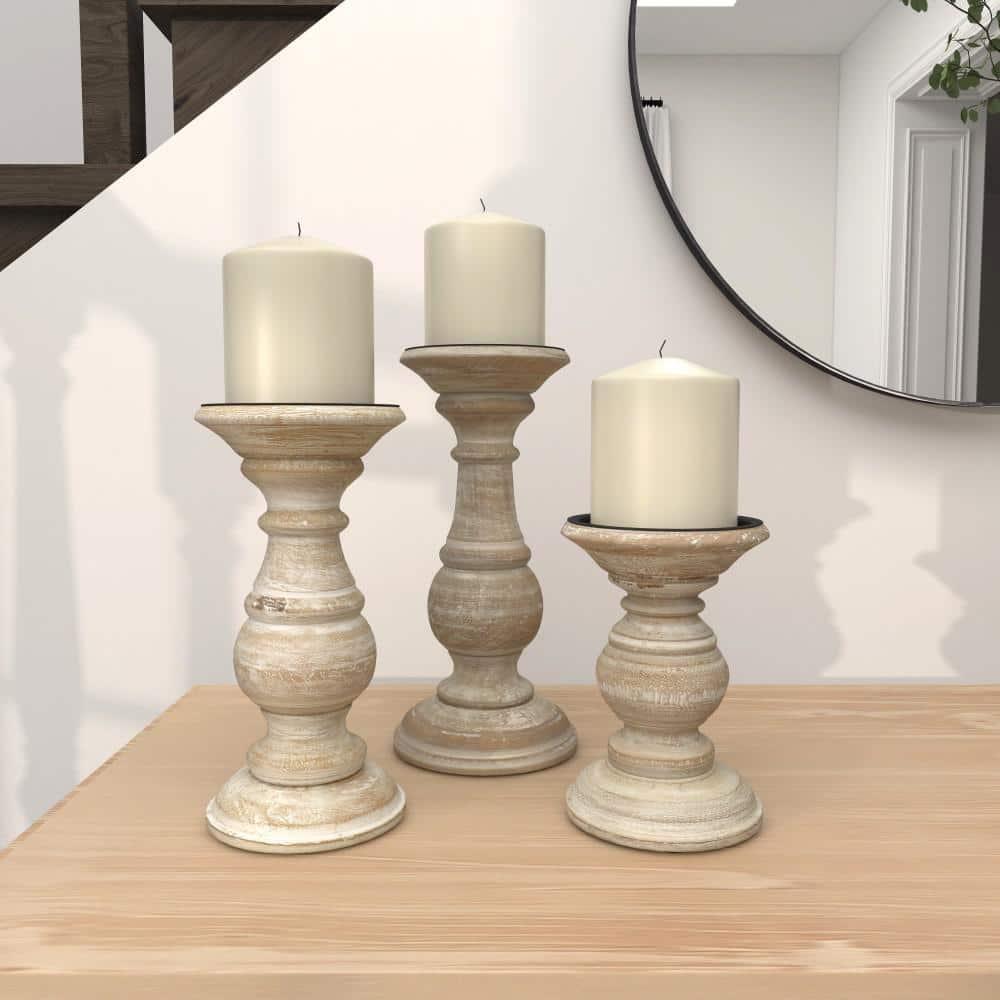 DecMode Traditional and Timeless Mango Wood Pillar Candle Holder Set of 3, 6", 8", 10"H, Cream Finish