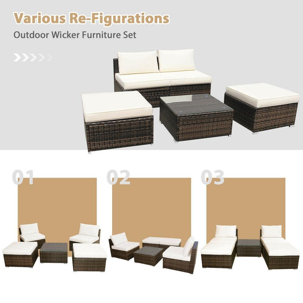 Demifill 5 Pieces Patio Rattan Furniture Set with Cushioned Armless Sofa, Weather-Resistant PE Rattan Sofa Set with Detachable Cushion, Furniture Set for Outdoor as Courtyard, Garden, White