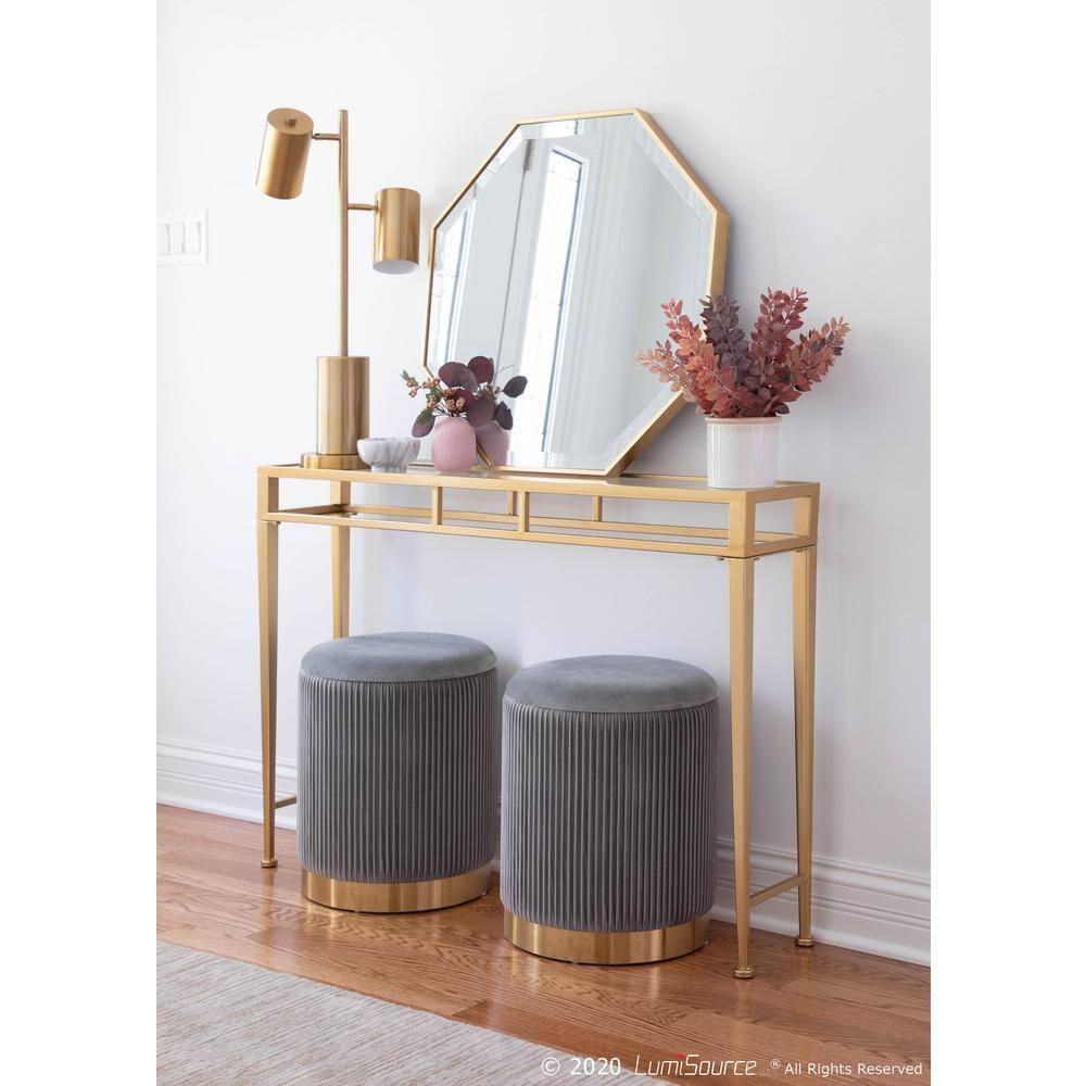 LumiSource Marla Contemporary Nesting Pleated Ottomans Gold/Gray: Velvet Upholstered, Metal Legs, No Assembly Required