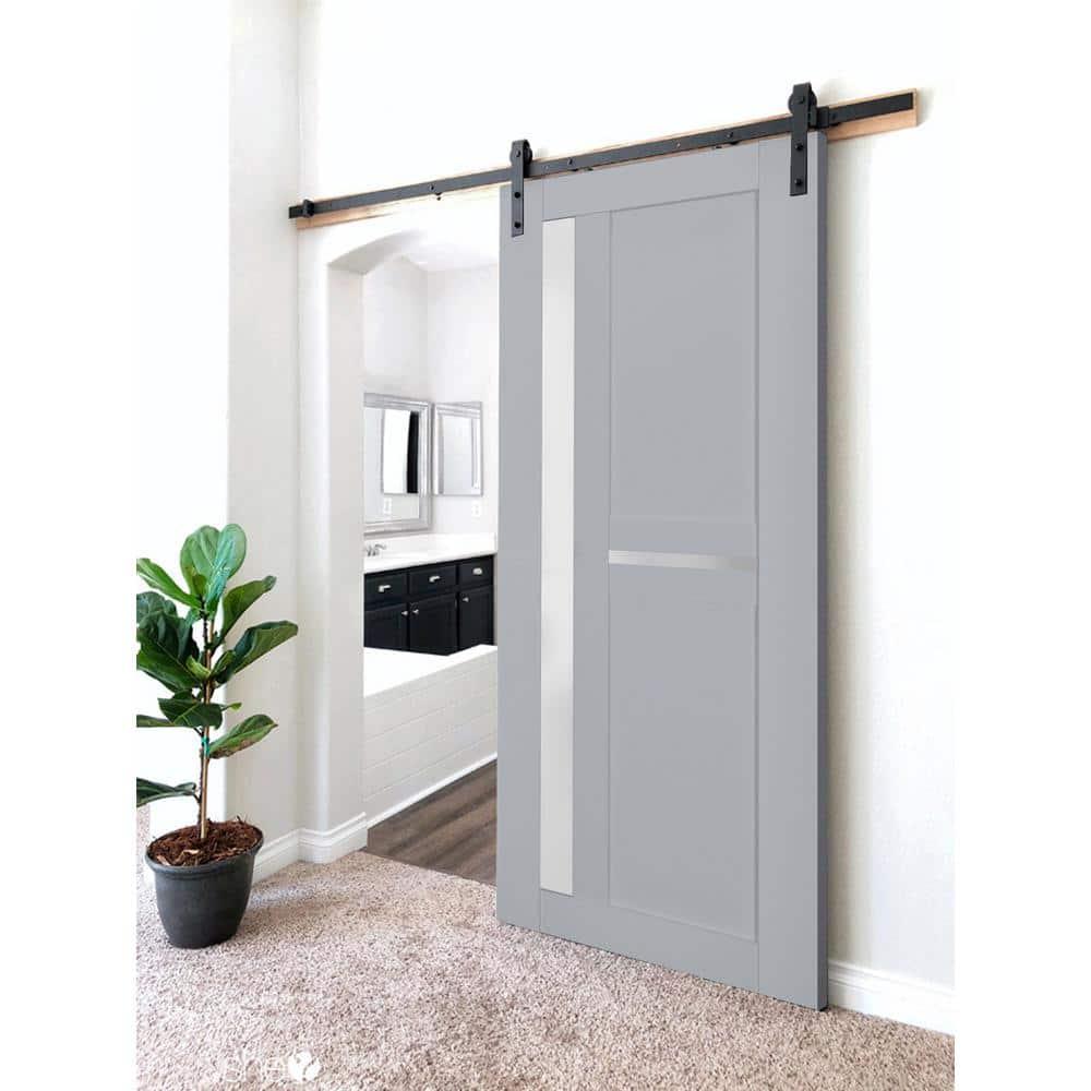 Sturdy Barn Door Frosted Glass | Veregio 7288 Matte Grey | 6.6FT Rail Hangers Heavy Hardware Set | Solid Panel Interior Doors-30" x 84"-Black Rail